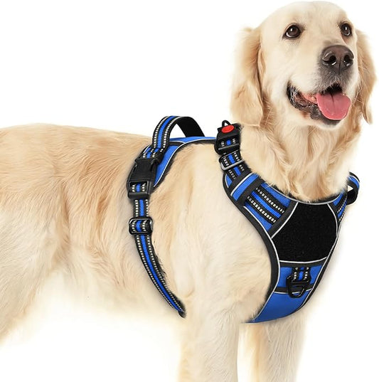 Eagloo Dog Harness for Large Dogs, Easy Wearing with 3 Buckles, Adjustable No Pull Pet Harness with 2 Rings for Walking, No Chock Reflective Soft Padded Vest with Control Handle, Blue & Black, L