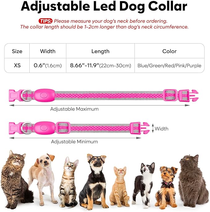 Flashseen LED Cat Collar,Light Up Dog Collar Rechargeable, Dog Lights for Night Walking, Comfortable Soft Mesh Pet Collar Adjustable for Cats Puppy and Small Dogs(Pink, XS)
