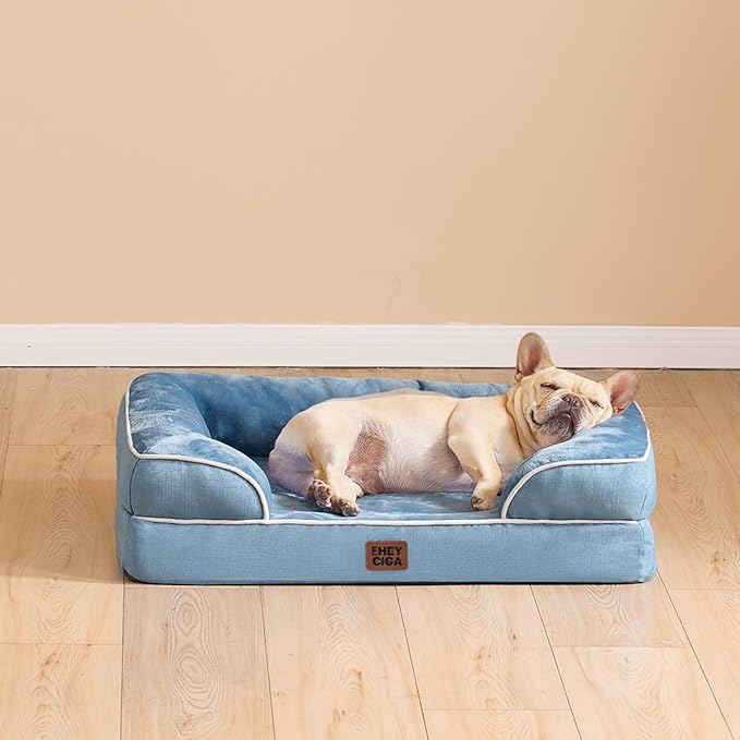 EHEYCIGA Orthopedic Dog Bed for Medium Dogs, Waterproof Memory Foam Medium Dog Beds with Sides, Non-Slip Bottom and Egg-Crate Foam Pet Couch Bed with Washable Removable Cover, Washed Blue