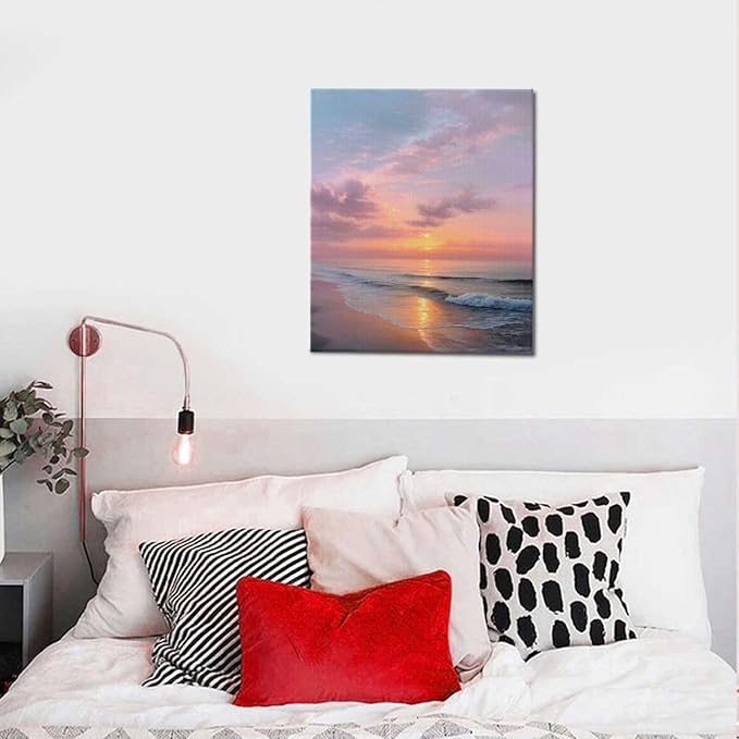 Beach Sunset Wall Art Ocean Coastal Scenery Wall Decor Seascape Picture Canvas Landscape Painting Print Framed Artwork Decorations for Living Room Office Bedroom Kitchen 24"x20"