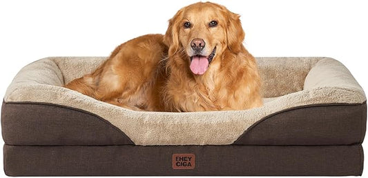 EHEYCIGA Memory Foam XL Dog Bed for XLarge Sized, Extra Large Orthopedic Dog Sofa with Sides and Waterproof Liner, Washable Bolster Pet Couch with Removable Cover, 48x35x7.5 Inch, Brown