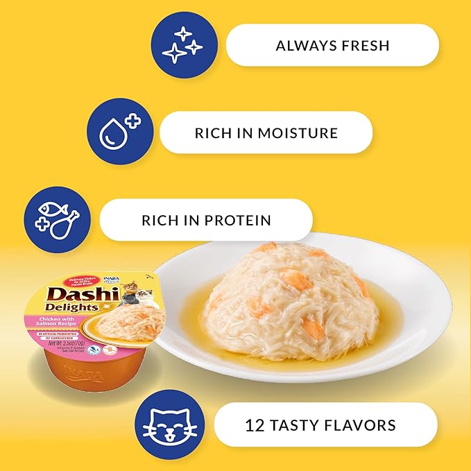 INABA Dashi Delights for Cats, 2.5 Ounce Cup, 6 Cups Total, Chicken with Tuna & Scallop Recipe