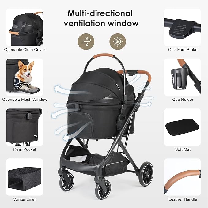 T6 Luxury Pet Stroller for Medium Dogs Up to 66lbs or 2 Small Pets – 3-in-1 Dog & Cat Stroller with Removable Carrier, Foldable & Lightweight (Black)