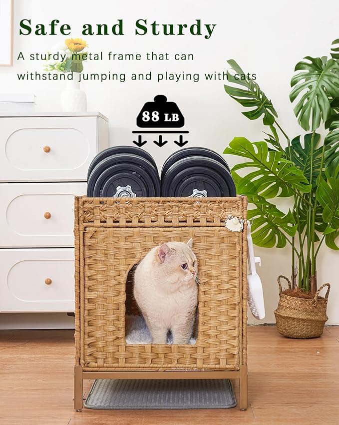 Cat Litter Box Enclosure Hidden Litter Box Furniture with Metal Heightened Feet, Rattan Handwoven Cat House with Litter Mat, Hidden Litter Box Furniture for Bedroom Living Room Natural