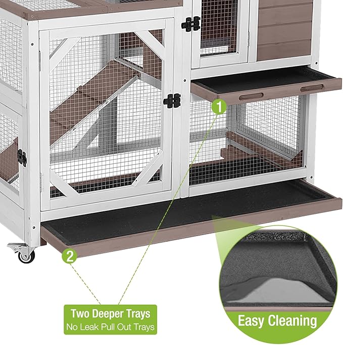 GUTINNEEN Rabbit Hutch Indoor Outdoor 2 Story Bunny House on Wheels Wood Rabbit Cage with 2 Pull Out Trays Guinea Pig Cage