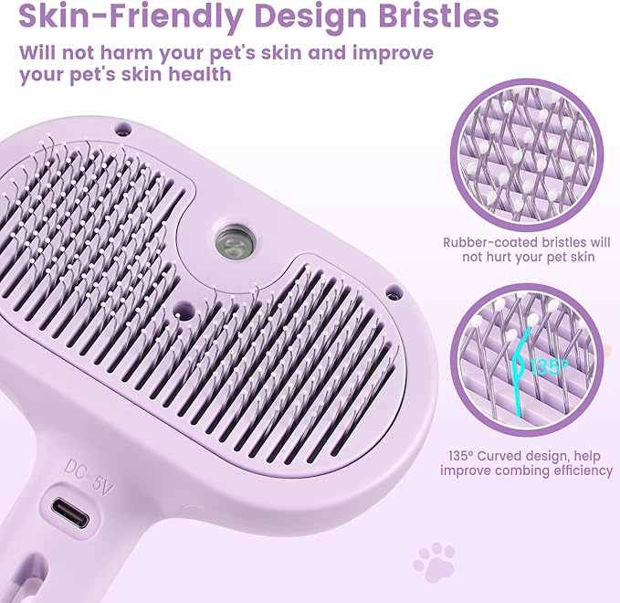 3 in 1 Cat Steam Brush, Pet Spray Hair Removal Comb for Shedding & Grooming, Water Brush for Cats Dogs Small Animals Long Short Haired with One-Click Release Button(Purple)