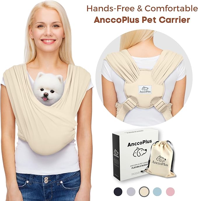 Dog Carriers for Small Dogs, Front Facing Dog Sling Carrier, Hands Free Cat Carrier, Size Adjustable, Reducing Back Pain, Premium Cotton, Safe and Soft Dog Carrier (Plus, Beige)
