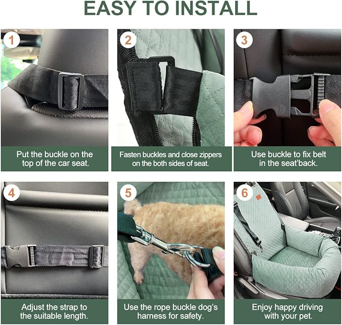 Dog Car Seat for Small Medium Dogs Up to 40lbs, Detachable Washable Soft Pet Booster Travel Bed for Front & Green Seat with Safety Leash Belt