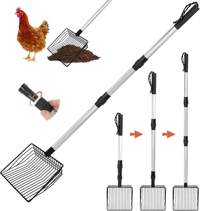Esmorah Chicken Poop Scooper for Sand & Coop Cleaning - Sifting Shovel with 22"-40" Adjustable Handle, 3 Lengths Heavy Duty Stainless Steel Sifter