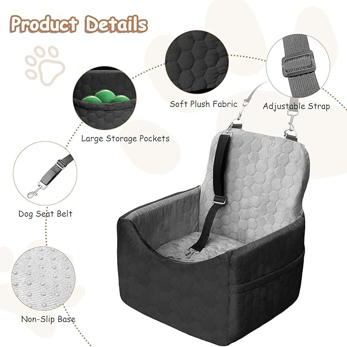 Dog Car Seat for Small/Medium Dogs - Dog Booster Seat with Safety Straps & Non-Slip Base, Travel Pet Car Seat with Storage Pockets, Washable & Removable, Suitable for Dogs Under 35 lbs (Black&Gray)
