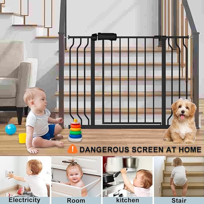 Extra Wide Baby Gate Black 34-38.5 Inch Wide Walk Through Pressure Mounted No Drill Long and Large Tension Metal Gate for Dog and Toddler