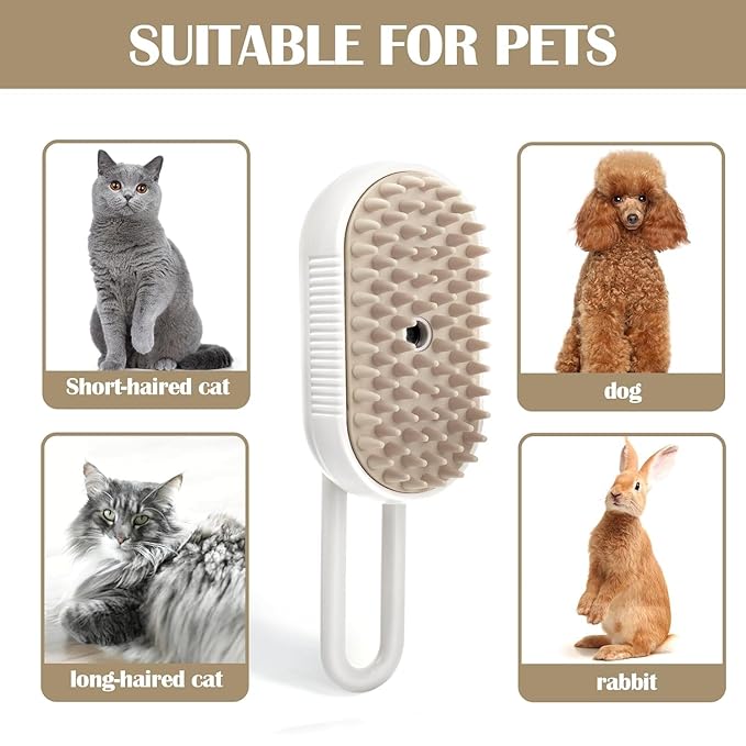 Cat Steam Brush - 5 In1 Grooming Kit for Cats and Dogs Silicone Massage Tool - Stainless Steel Nail Scissors - Hair Detangling Comb - Water Spray Rechargeable Shedding Wash-Free Essence (White)