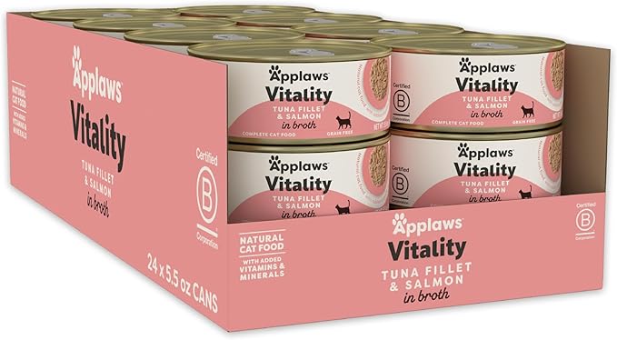 Applaws Vitality Wet Cat Food in Broth, Natural Canned Cat Food, Wet Food for Cats with Added Vitamins and Minerals, Grain and Carrageenan Free, Tuna Fillet & Salmon in Broth (24 Count, 5.5oz Cans)