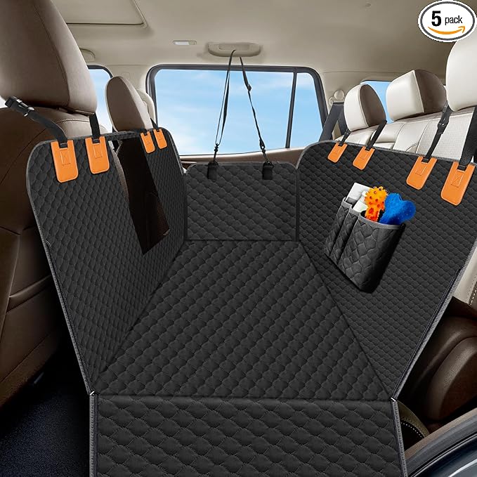 Dog Car Seat Cover for Back Seat, Waterproof Protector with Side Flaps, Scratchproof Hammock, Non-Slip Bottom for Cars/Trucks/SUVs (Black+Grey)