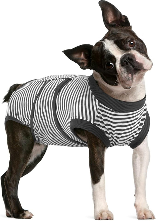 FUAMEY Dog Recovery Suit Male,Dogs Surgery Neuter Suits Puppy Spay Shirts for Female Protect Dog's Skin Anti Licking Abdominal Wounds Doggie Onesie Pet Bodysuit Alternative to Cone Gray Stripes L