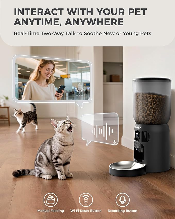 AI Cat Feeder with Dual Cameras (1 Adjustable), 2K HD Night Vision, 5G/2.4G WiFi, 6L Automatic Pet Feeder with APP Control, Laser Interactive Toy, Two-Way Audio & Scheduled Feeding