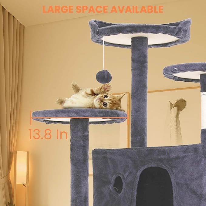 54.7 inches Cat Tower for Indoor Cats Multi-Level Cat Condos for Cat Tree Cat Climbing Tower with Scratching Posts, Hanging Toys,Ashy