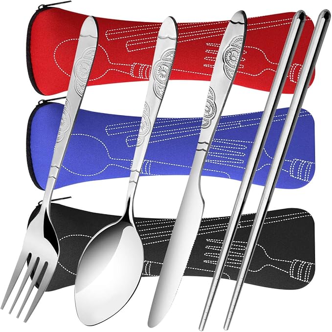 6 Pack Reusable Flatware Sets Knife, Fork, Spoon, Chopsticks, 24Pcs Portable Travel Stainless Steel Tableware Dinnerware with Carrying Case