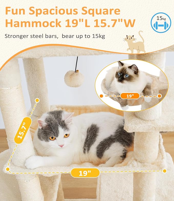 Cat Tree Large Cat Tower Tree 68" Multi-Level Cat Tower for Indoor Cats with Sisal Scratching Posts, Widen Cat Perche, Square Hammock, 2 Widen Condos, Scratching Posts, Beige