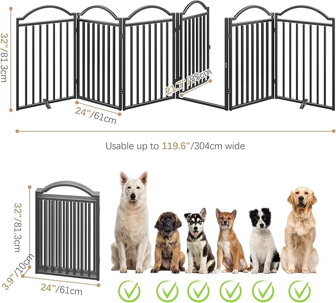 BHG Metal No-Assembly Freestanding Dog Gate with Door Walk Through, Extra Wide 144", Extra Tall 32" Pet Gate, Accordion Puppy Folding Playpen Dog Fence for Indoor & Outdoor, with 2PCS Support - Black