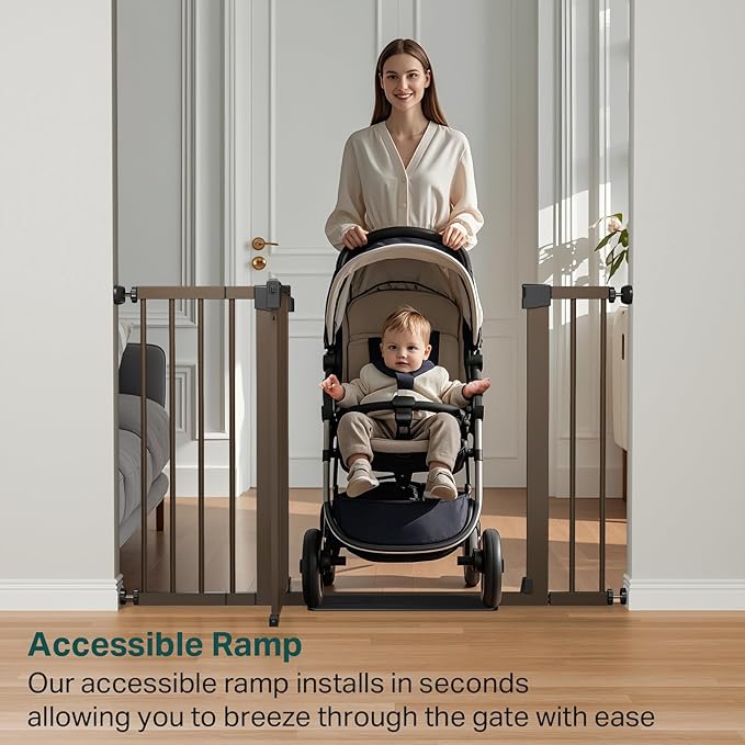Cumbor 29.7-48" Baby Gate for Stairs, Mom's Choice Awards Winner-Dog Gate for Doorways, Auto Close Safety Pet Gate for Dogs Indoor, Easy Install Pressure Mounted Child Gate with Walk Thru Door, Brown