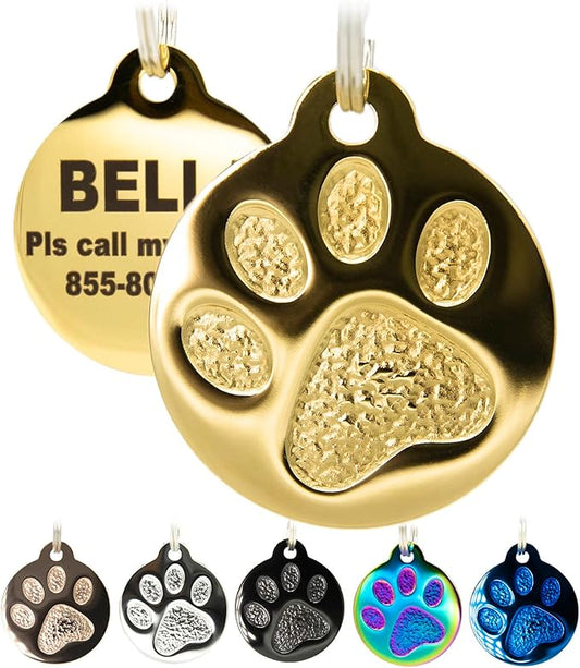 Engraved Pet Tag for Dogs and Cats - Personalized Front & Back up to 4 Lines of Text Custom Engraved ID, Round Paw Print Solid Plating Stainless Steel Gold Small