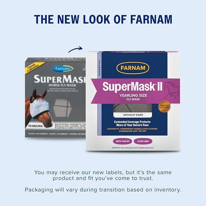 Farnam SuperMask II horse fly mask without ears, extended coverage, protects eyes from insects and debris, adjustable throat latch, Yearling size