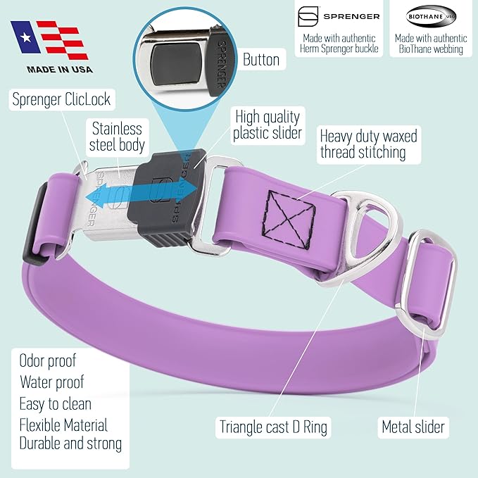 Dogline Biothane Waterproof Dog Collar with Herm Sprenger Stainless Steel Quick Release Buckle – Heavy Duty Tactical Durable Collar for Dogs – Comfortable and Safe Pet Collar, W 1" L 15-25", Amethyst