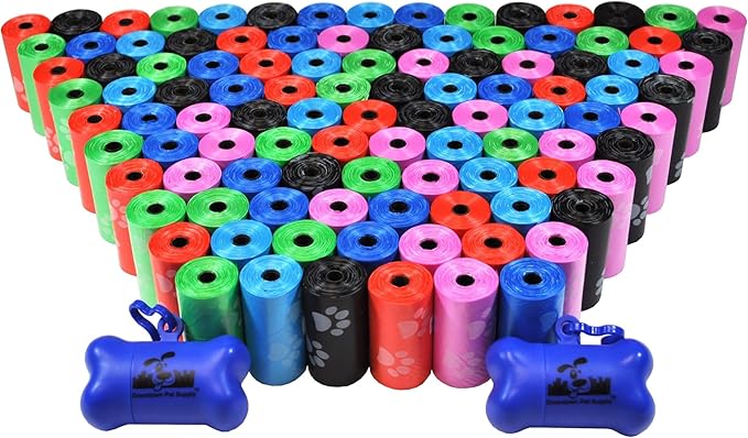 Downtown Pet Supply Rainbow Paw Print Poop Bags (2200 CT & 2 Dispensers) - Leak-Proof, Unscented, Clips to Leashes & Harnesses