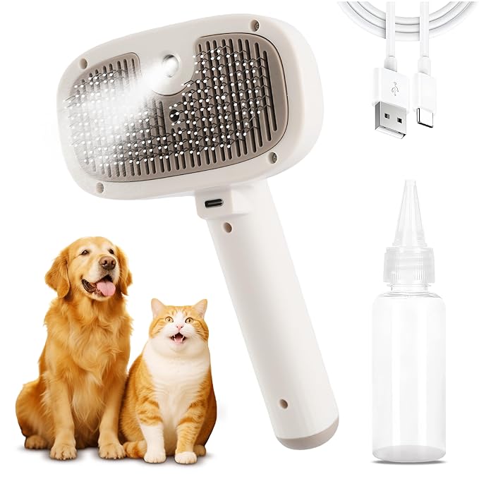 Cat Steam Brush for Indoor Cats, Dog Brush for Shedding, Spritz Defur Comb for Short & Long Hair, Pet Spray Hair Removal Comb, USB Rechargeable Grooming Supplies Steam Brush for All Pets (White)