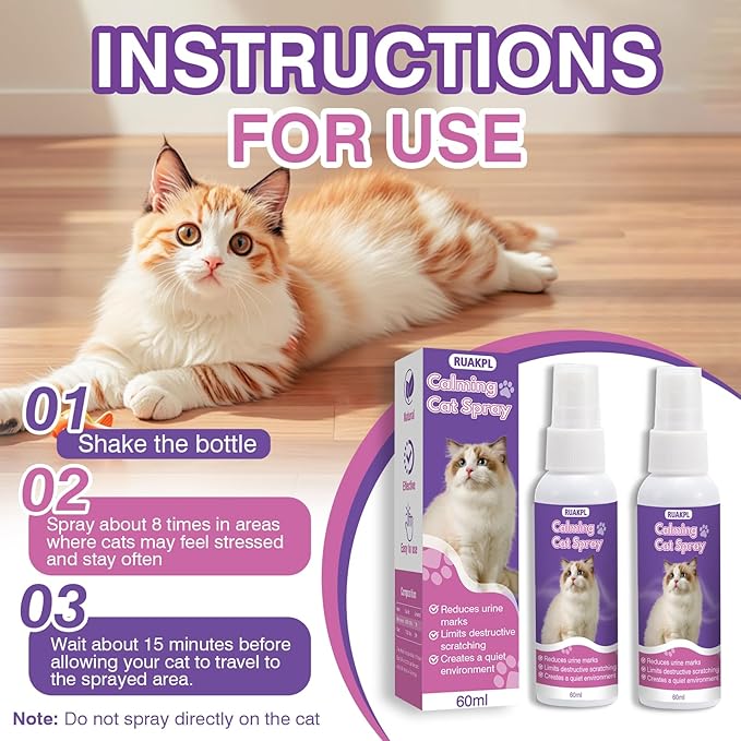 Cat Calming Spray 60 ML 2 Pack Calming Solution for Cats Cat Pheromone Spray Reduces Stress Anxiety Scratching Calming Spray for Cats Good for Home Travel Cat Pheromones Calming Spray