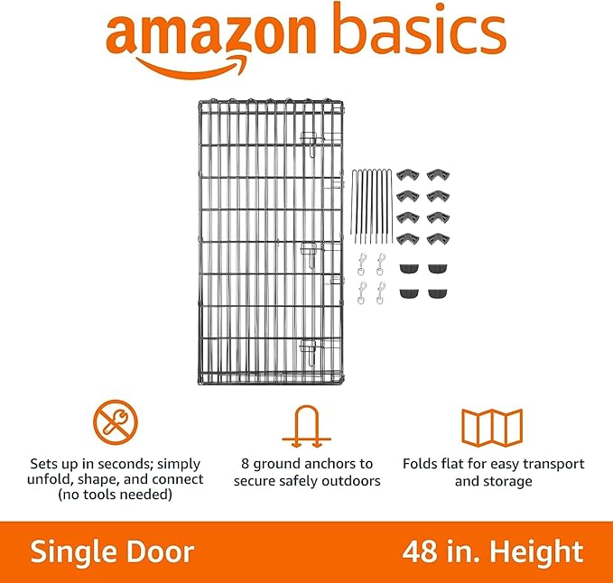 Amazon Basics Foldable Octagonal Metal Exercise Dog Playpen - Indoor/Outdoor, Single Door, Extra Large (8 Panels, 24 x 48), Easy to assemble and store customize, 48" - X-Large, Black