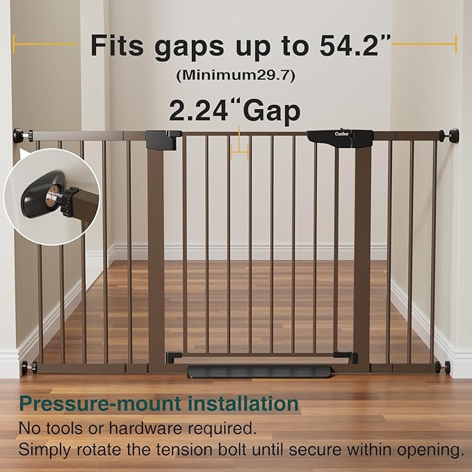 Cumbor 29.7-54.2" Wide Baby Gate for Stairs, Mom's Choice Awards Winner-Self Closing Dog Gate Indoor for Doorways, No Drilling Pressure Mounted Pet Gates for Kids, Easy Walk Through Safety Gate, Brown