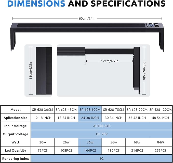 24/7 LED Aquarium Light for 24-30 Inch Fish Tank, Auto On Off with Timer, 9 Colors, Adjustable Brightness, Daylight & Moonlight Mode, Full Spectrum Fish Tank Light for Plants, 36W