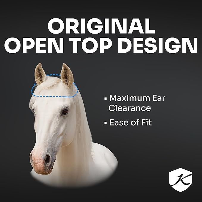 Kensington Fly Mask with Fleece Trim for Horses — Protects Face and Eyes from Flies and Sun Rays While Allowing Full Visibility — Breathable and Non Heat Transferring, Large, Atlantis