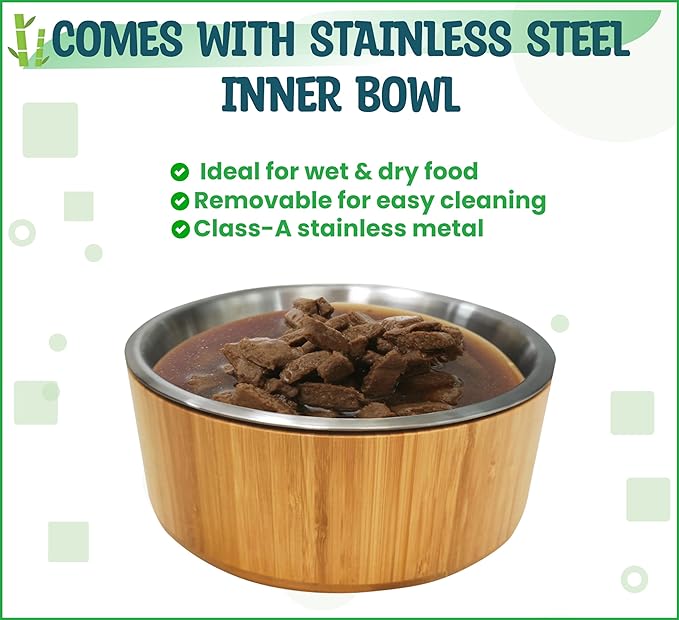 Elevated Dog Bowls for Large Breed - (15-Inch Tall, 74-oz Cap), Deter Ants and Bugs - Raised Single Feeder, Suitable for Dry and Wet Pet Foods - Bamboo with Stainless Steel Dish