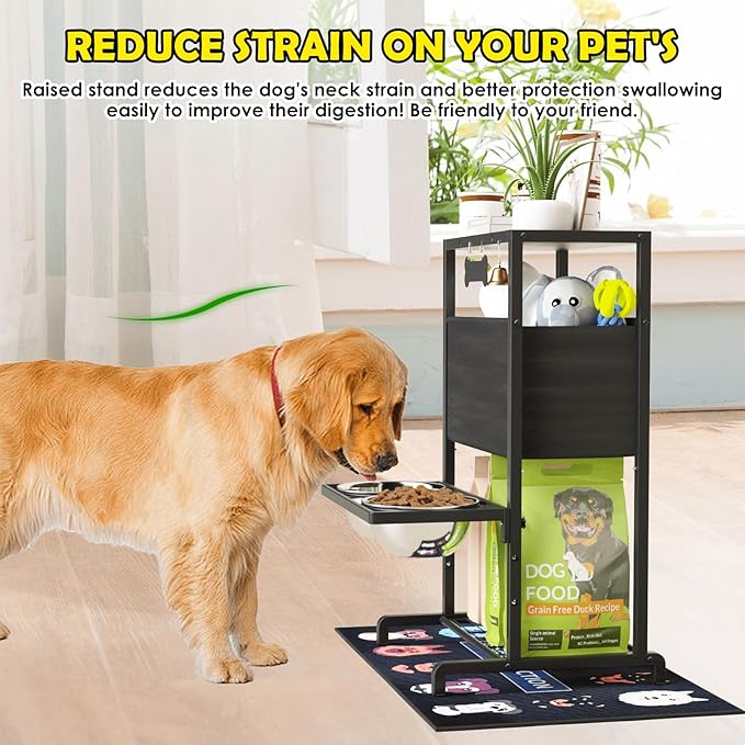 Elevated Dog Bowls, Height Adjustable Raised Dog Bowl Stand (4.5'' to 12''), Organizer Bowl Holder for Large Medium Dogs