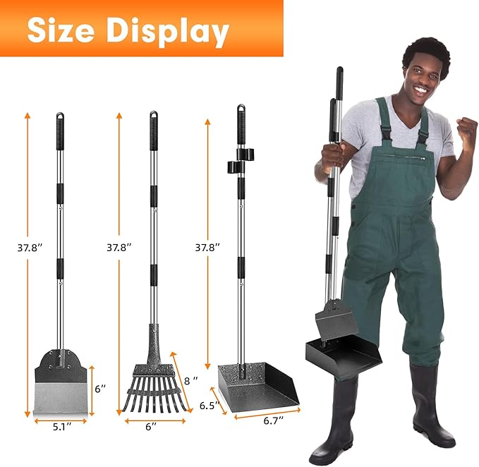 Dog Pooper Scooper, Adjustable Handle Poop Scooper with Tray,Rake and Spade Set of 3, Steel Stainless Poop Scoop for Small Medium Dogs and Pet Waste on Grass, Dirt and Gravel (Medium Size)