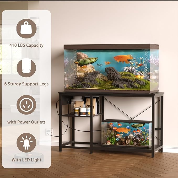 20-29 Gallon Fish Tank Stand with Power Outlet & LED Light, Metal Aquarium Stand with 3 Tier Adjustable Storage Shelves, Tank Stand for Reptile Tank, Turtle Tank, 30.7" L*13.8" W, Black