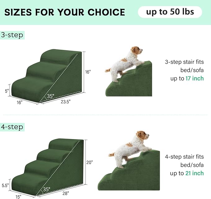 Dog Steps for Small Dogs, 4-Step Pet Ramp Stairs for High Beds and Sofa, Non-Slip Pet Stairs for Small Dogs and Cats, Removable and Easy to Clean Cover, Green