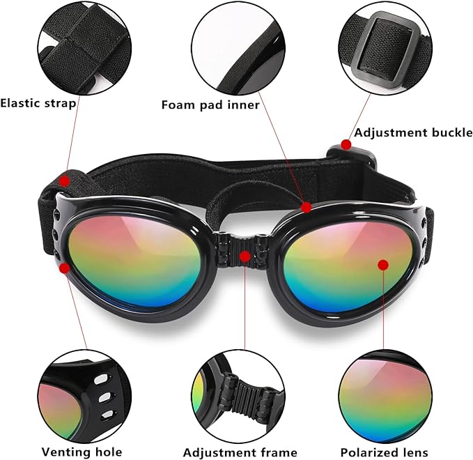 QUMY Dog Sunglasses Dog Goggles for Medium Large Breed Dogs, Wind Dust Fog Protection Eye Wear Pet Glasses with Adjustable Strap for Motorcycle Car Driving Bike Riding Hiking Swimming Over 15lbs Red