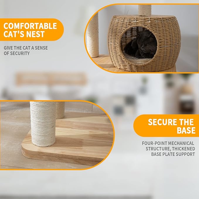 59" Big Modern Cat Tree Tower, Cat Tower Sisal-Covered Scratching Posts for Indoor Cats, Oak Wood Cat Tree for Large Cats, Multi-Level Cat Condo with Space Capsule Nest, Cat Furniture Activity Centre