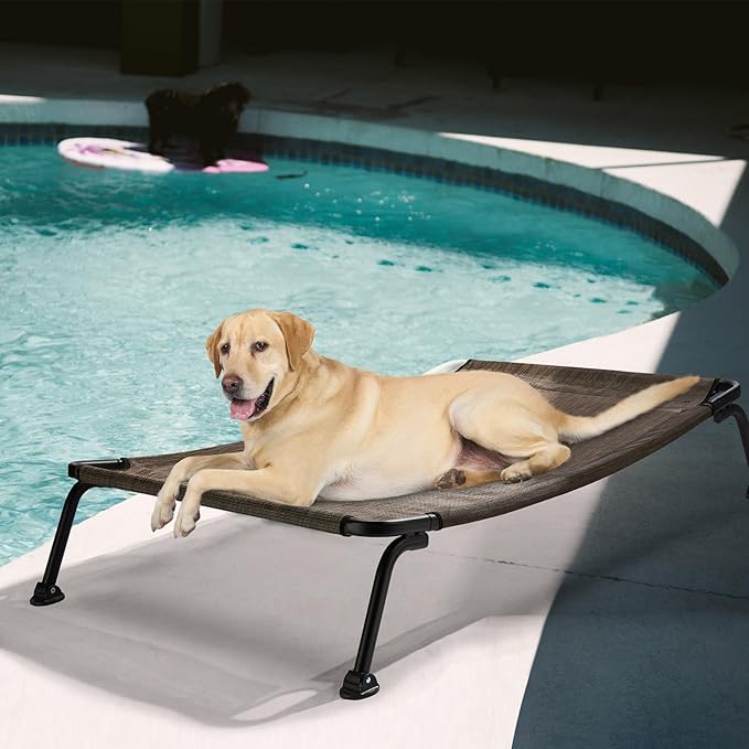 Veehoo Outdoor Elevated Dog Bed, Cooling Raised Dog Cots Beds for Large Dogs, Portable Waterproof Curved Dogs Hammock Bed for Outside, up to 120lbs, Black Legs, Brown 42"