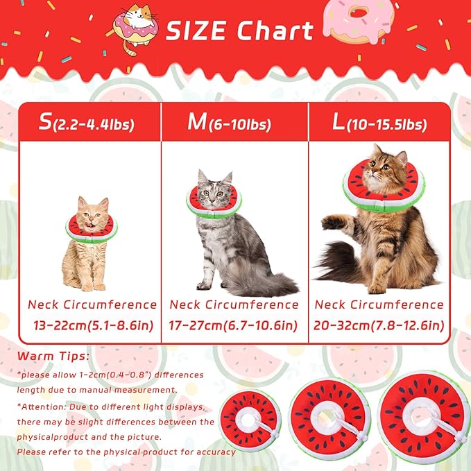 Cat Cone Collar Soft, Adjustable Cat Recovery Collars Kitten Cones to Stop Licking, Cute Donut E Collar After Surgery, Anti-Lick Wound Healing Elizabethan Collar for Kittens (Watermelon, Small)