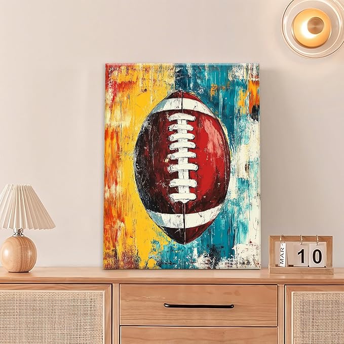 Graffiti Football Bathroom Pictures Wall Art, Rugby Sport Bathroom Wall Decor, Colorful Football Framed Painting Canvas Artwork for Bedroom Living Room Decorations 16"L x 12"W