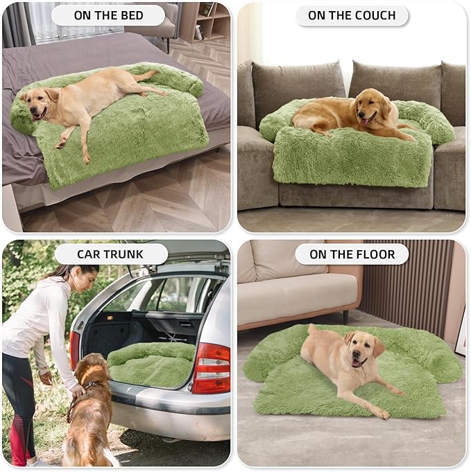 GGIB Calming Dog Bed Fluffy Plush Dog Mat for Furniture Protector with Removable Washable Cover for Large Medium Small Dogs and Cats (Extra Large (53x39.3x6), Grass Green)