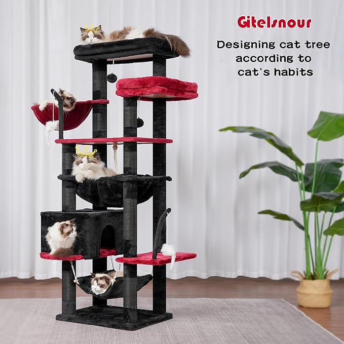 Gothic Cat Tree, Cat Tower for Large Cats with 2 Big Platforms, 2 Baskets, condo and Toys, 63" Cat Scratching Posts for Indoor Cats, Black and red GCT020BR