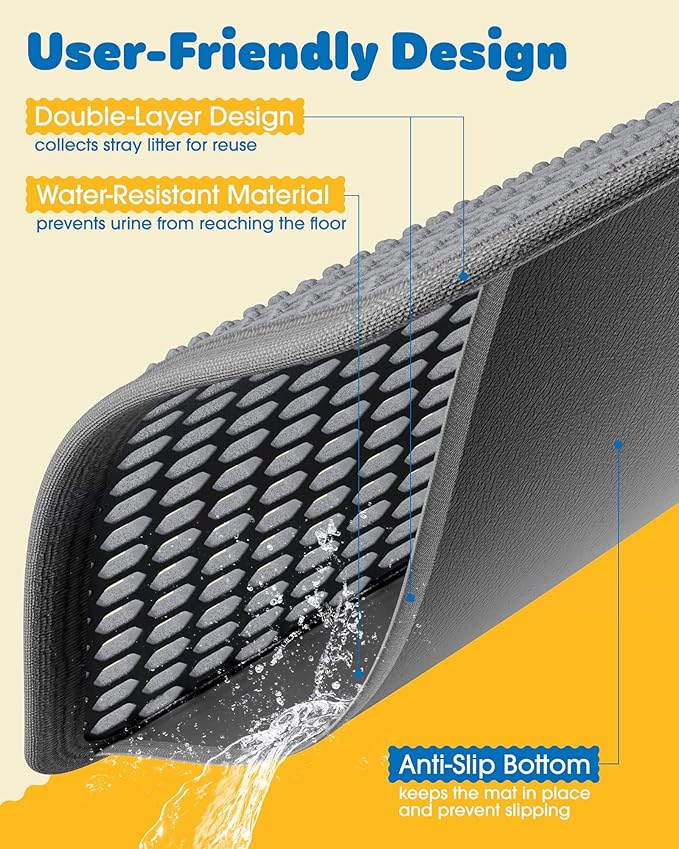 27" x 19" Cat Litter Mat - Large Litter Box Mat with Double Layers, Urine-Proof and Non-Slip Litter Trapping Mat, Easy to Clean Kitty Litter Mats for Floor, Scatter Control, Grey