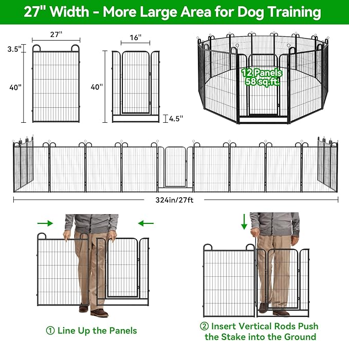 Dog Playpen Outdoor 12 Panels Heavy Duty Dog Fence 40" Height Anti-Rust with Doors Portable for RV Camping Yard, Total 27FT, 58 Sq.ft, Snowy Black