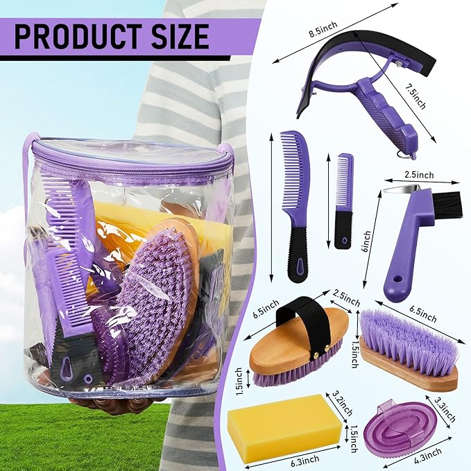 9 Pieces Horse Grooming Kit Tack Room Supplies Set with Organizer Tote Bag, Oval Massage Curry, Hard and Soft Brush, Hoof Pick, Sweat Scraper, Bathing Sponge, Combs for Horse Riders Beginners (Purple)